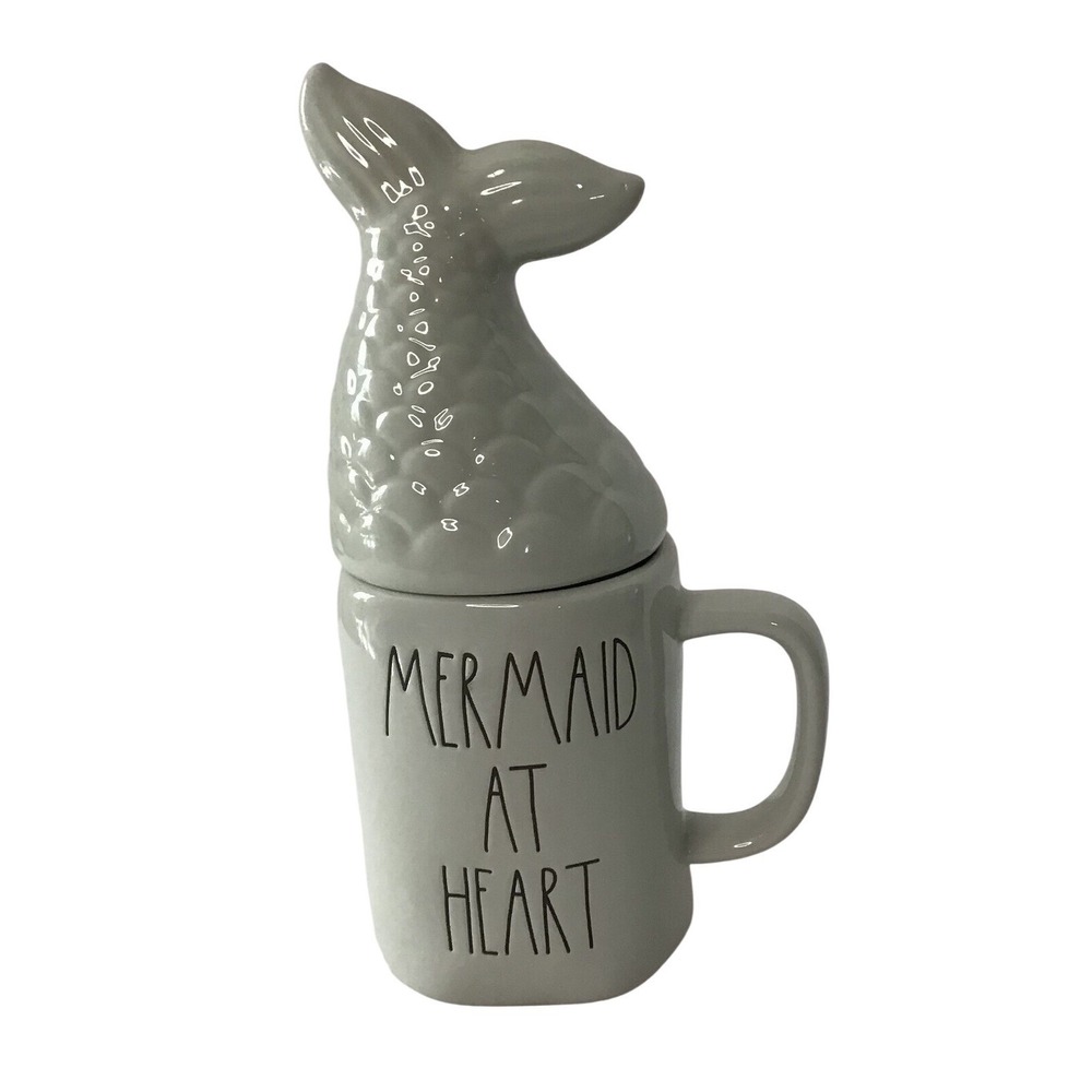 Rae Dunn "MERMAID AT HEART" Pale Green‎ Mug Mermaid Tail Topper NWOB